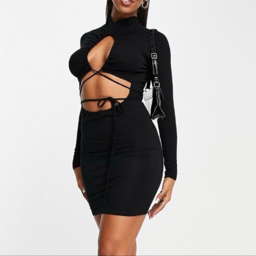Black high neck lace up dress